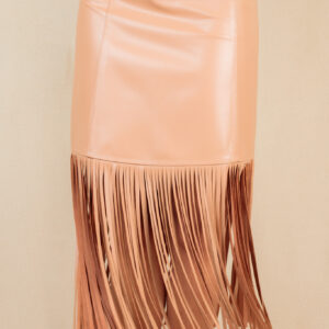 Saia Midi com Pala, Recortes Frontais e Franjas – Cor: Nozes