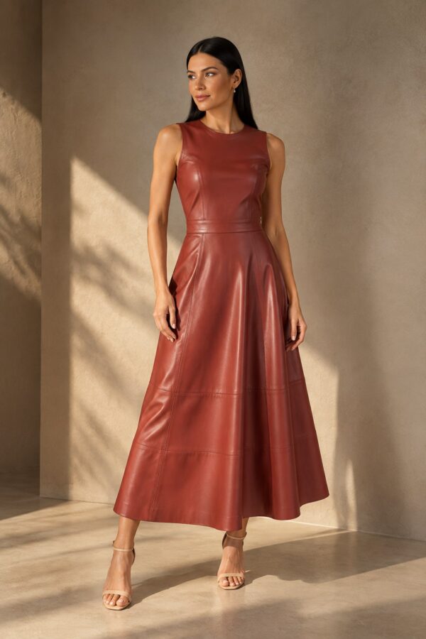 Vestido Godê em couro terracota, sem mangas, com recortes e saia rodada midi