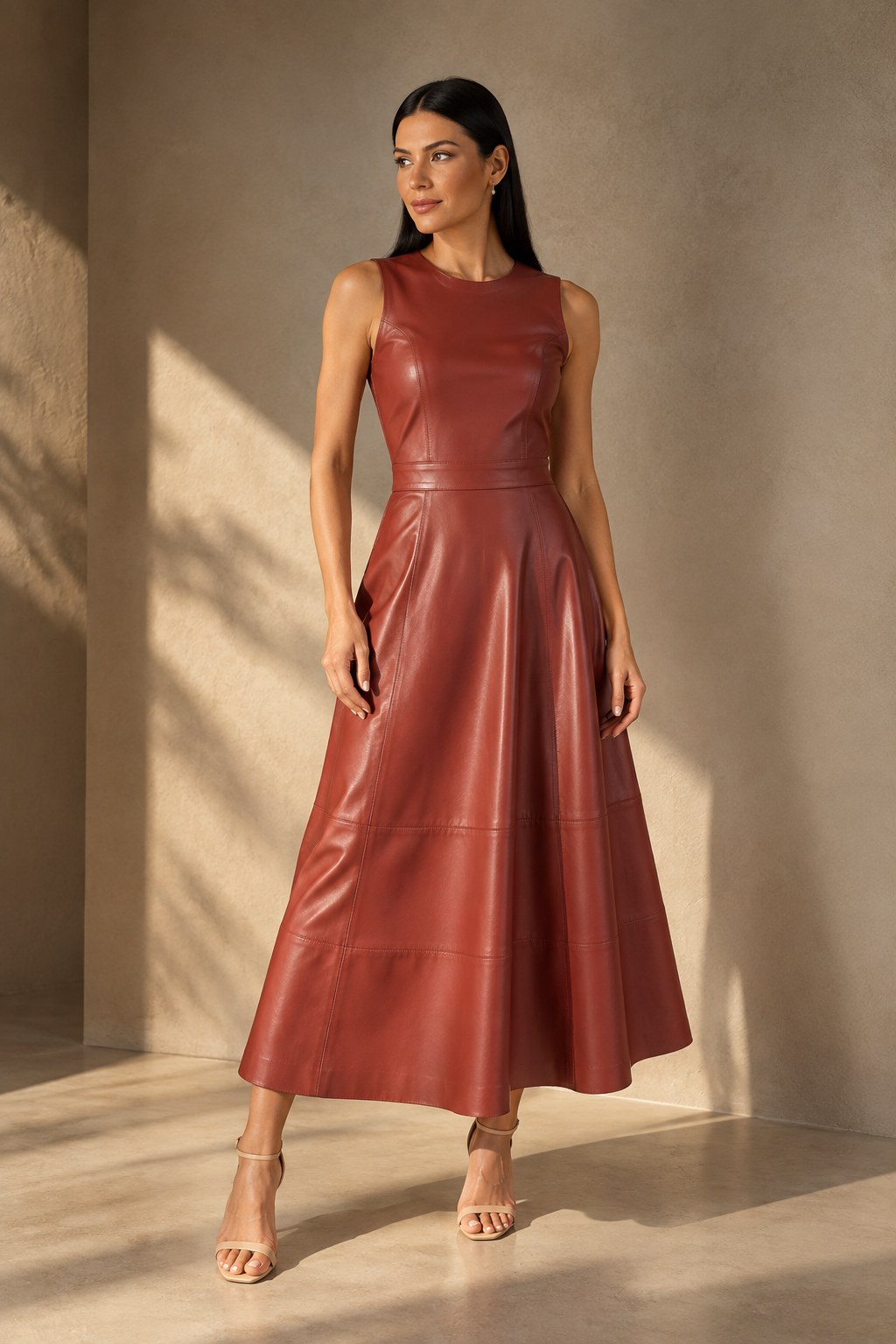 Vestido Godê em couro terracota, sem mangas, com recortes e saia rodada midi