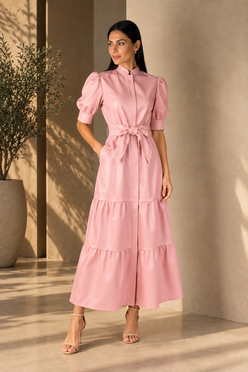 Vestido de couro rosa pastel com mangas bufantes, gola padre, abotoamento frontal, faixa com laço na cintura e saia em camadas