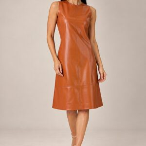 Vestido tubinho em couro abóbora, sem mangas — SKN Ateliê do Couro